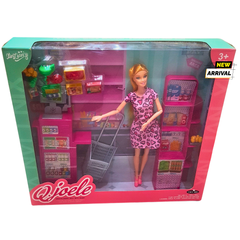 QJoele Supermarket Shopping Playset with Doll – Cash Register, Grocery Shelves, and Trolley – Pretend Play Toy for Kids (3+ Years)