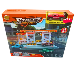Street Convoy 24-Piece Gas Station Toy Set – DIY Assembly with Alloy Cars, Fuel Pumps & Stickers | Pretend Play Vehicle Station (Ages 3+)