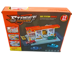 Street Convoy 24-Piece Gas Station Toy Set – DIY Assembly with Alloy Cars, Fuel Pumps & Stickers | Pretend Play Vehicle Station (Ages 3+)