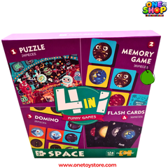 4-in-1 Space Educational Game Set for Kids – Puzzle, Memory Game, Domino & Flash Cards | 124 Pieces STEM Learning Activity Box | Space Toys for Kids Age 3+