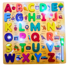 Interactive Wooden Alphabet Puzzle Board with Phonics & Pictures – A to Z English Learning Toy for Kids with Marker