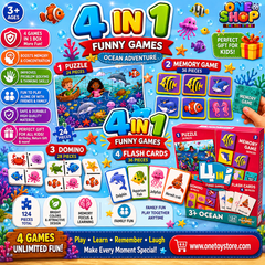 4-in-1 Ocean Educational Game Set for Kids – Puzzle, Memory Game, Domino & Flash Cards | 124 Pieces Learning Activity Box | Preschool Educational Toy Ages 3+