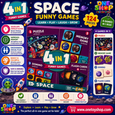 4-in-1 Space Educational Game Set for Kids – Puzzle, Memory Game, Domino & Flash Cards | 124 Pieces STEM Learning Activity Box | Space Toys for Kids Age 3+
