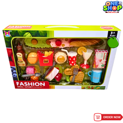 Fashion Small Cutlery Food Play Set for Kids – Pretend Kitchen Cooking Toy with Fast Food, Desserts & Tea Accessories | Role Play Toy Set for Boys & Girls (3+ Years)
