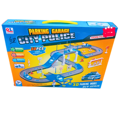 City Police Parking Garage – 50 PCS 3D DIY Track Set | High-Speed Police Car Playset with Multi-Level Ramp | Ages 3+