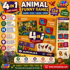 4-in-1 Animal Educational Game Set for Kids – Puzzle, Memory Game, Domino & Flash Cards | 124 Pieces Learning Activity Box | Animal Learning Toy for Preschoolers Age 3+