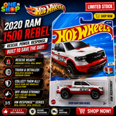 Hot Wheels 2020 RAM 1500 Rebel Rescue Die-Cast Truck – 1:64 Scale Mattel Toy | Off-Road Rescue Pickup for Kids