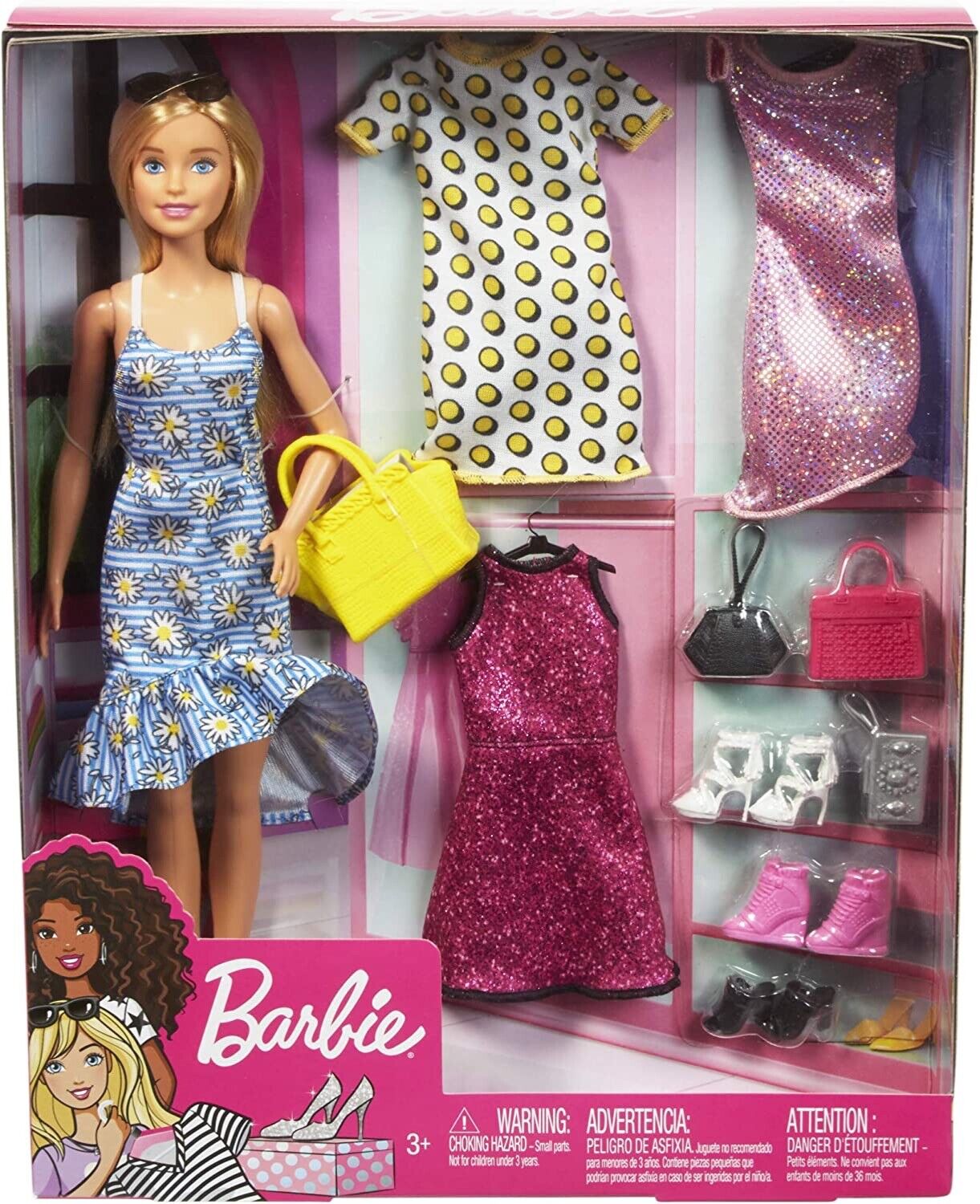 Barbie Doll Floral Dress Yellow Bag with Clothes and Accessories