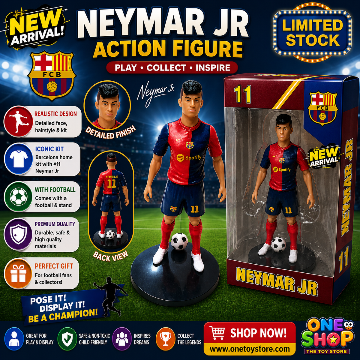 Neymar Jr Football Action Figure – 8 Inch Soccer Toy for Kids | Limited Edition Barcelona Jersey Collectible