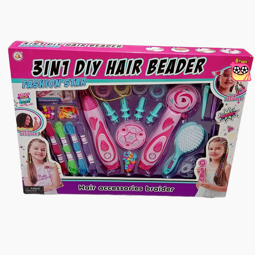 3-in-1 DIY hair beader kit with colourful cords, beads and brush Main image