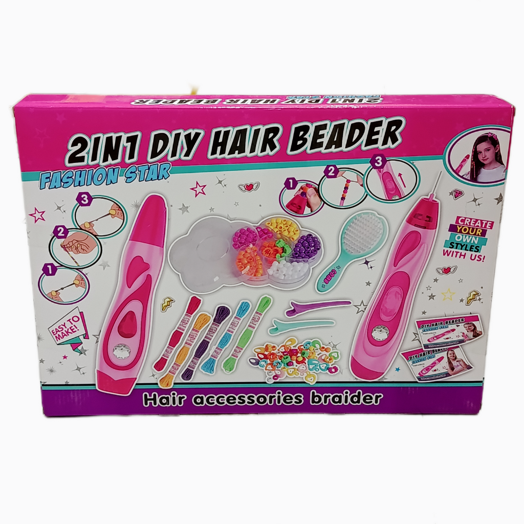 2-in-1 DIY hair beader kit with colourful beads, cords and brush
