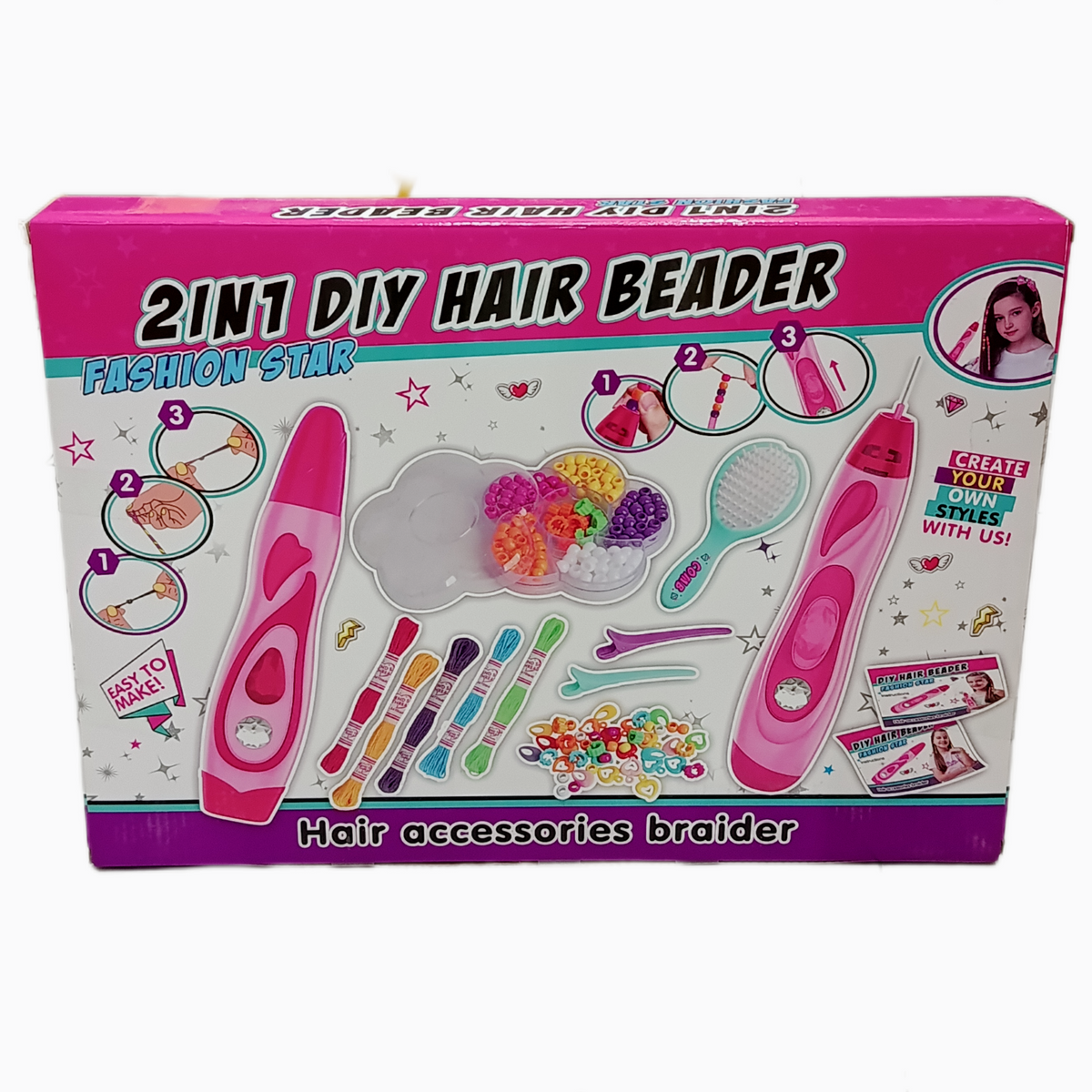 2-in-1 DIY hair beader kit with colourful beads, cords and brush