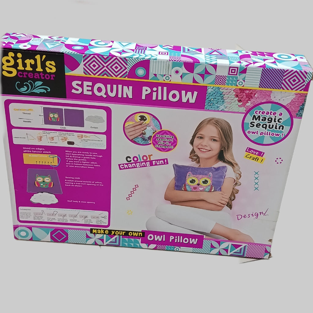 Girls Creator sequin pillow owl craft kit back packaging