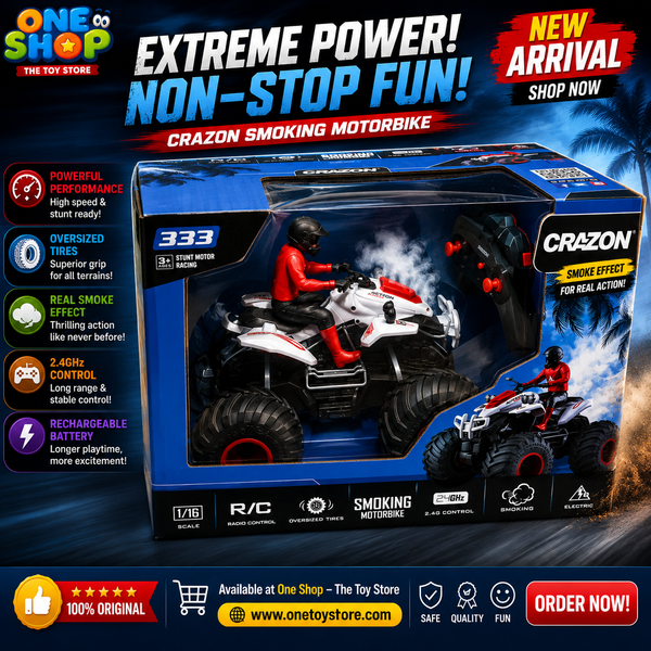 CraZon 1:16 Scale RC Stunt Motorbike – High-Speed Remote Control Quad Bike with Oversized Tires & Realistic Smoke Effect (20KM/H, 2.4GHz Control, Rechargeable)