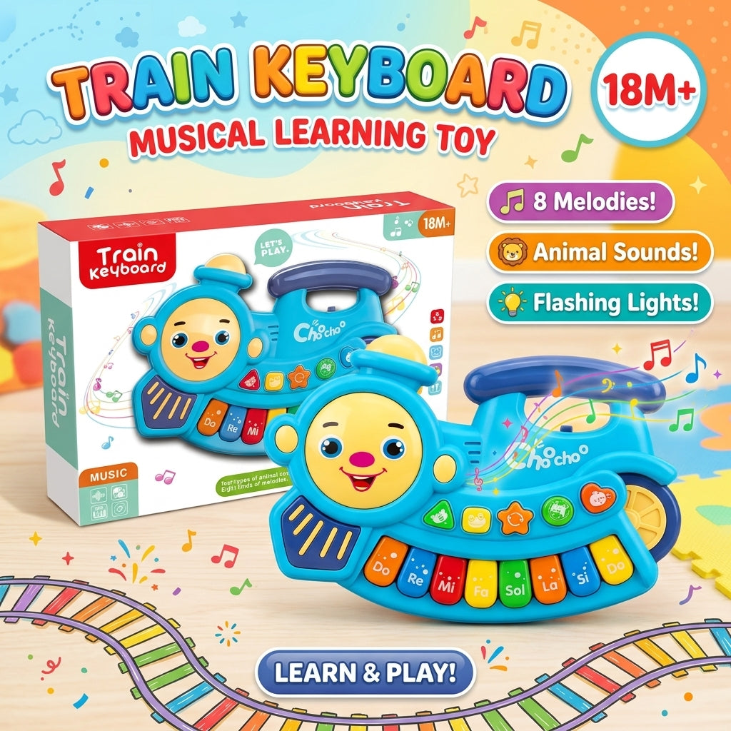 Blue Train Keyboard Musical Learning Toy – Piano Keys, Animal Sounds, 8 Melodies & Flashing Lights, Ages 18M+