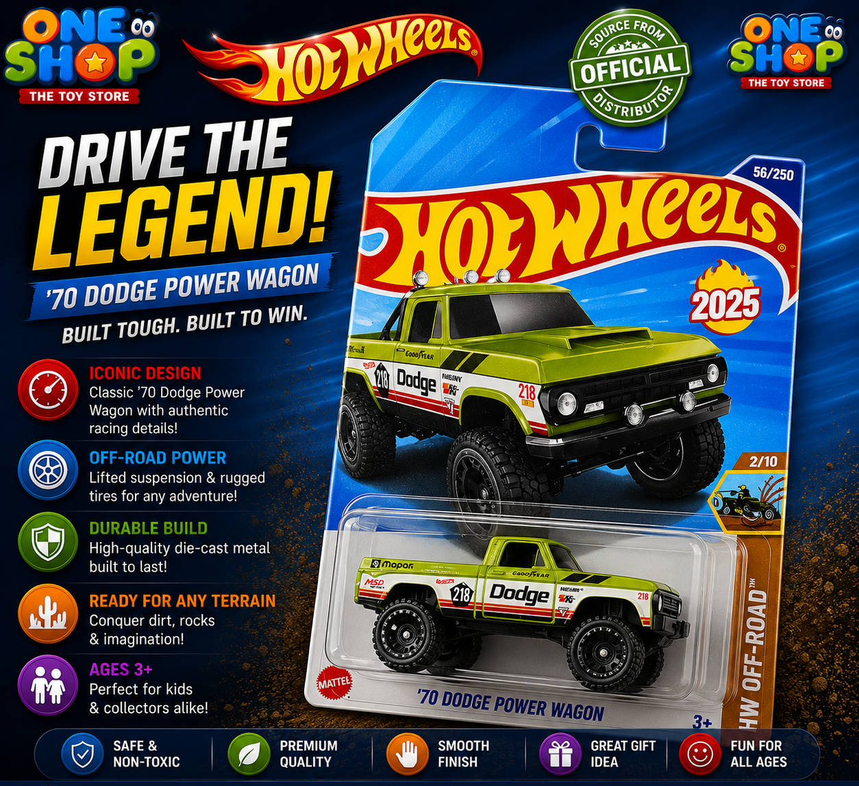 Hot Wheels ’70 Dodge Power Wagon Die-Cast Pickup Truck – Classic Off-Road Toy Truck for Kids & Collectors