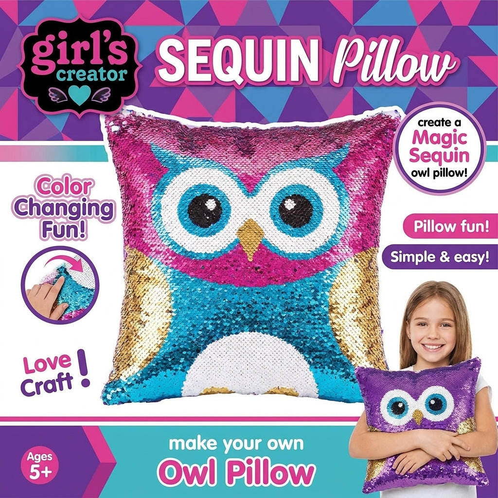 DIY Sequin Pillow Craft Kit – Make Your Own Owl Pillow with Color-Changing Sequins – Model 26882