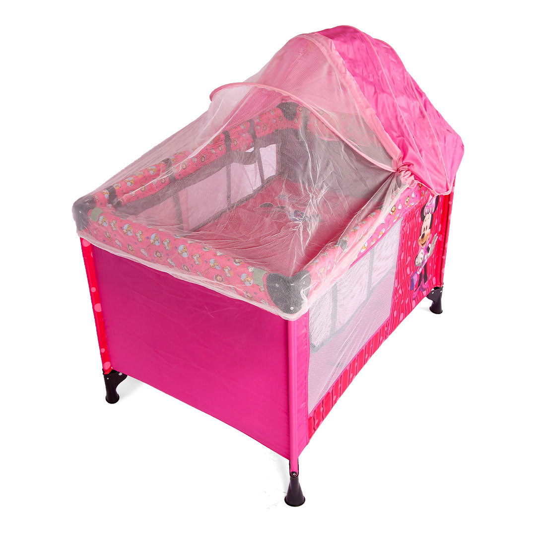 Charming Pink Polka-Dot Playpen with Adorable Cartoon Character - Foldable and Portable Baby Safety Zone