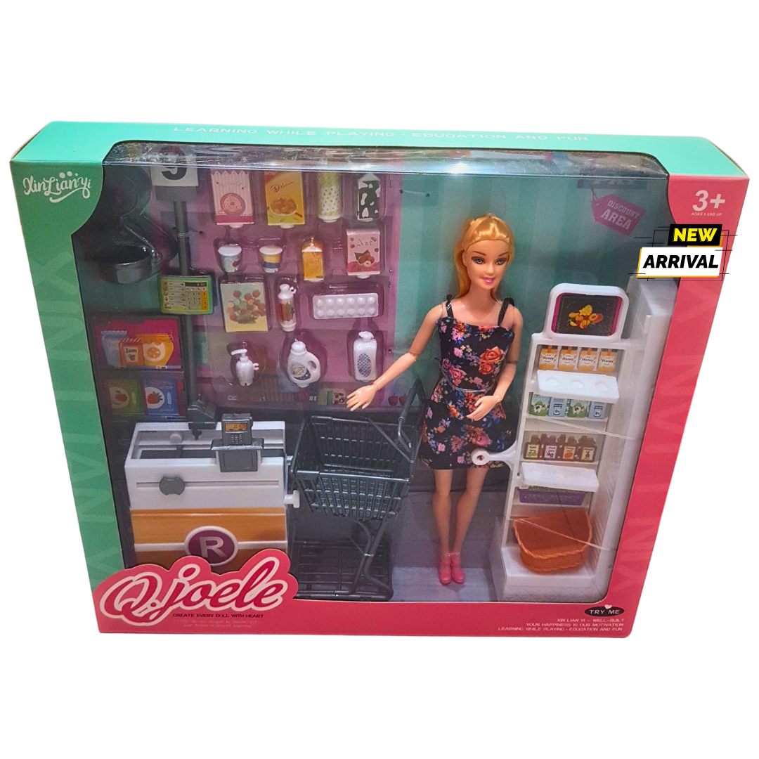 QJoele Supermarket Playset with Doll – Grocery Shopping Toy with Trolley, Cash Register & Accessories – Pretend Play for Kids (3+ Years)