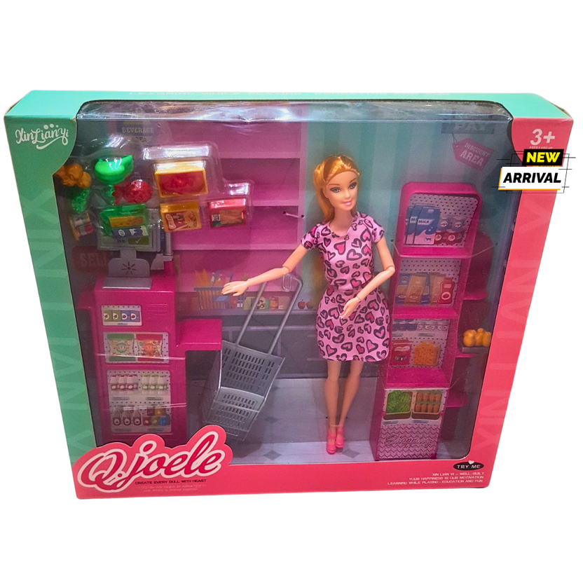 QJoele Supermarket Shopping Playset with Doll – Cash Register, Grocery Shelves, and Trolley – Pretend Play Toy for Kids (3+ Years) Main image