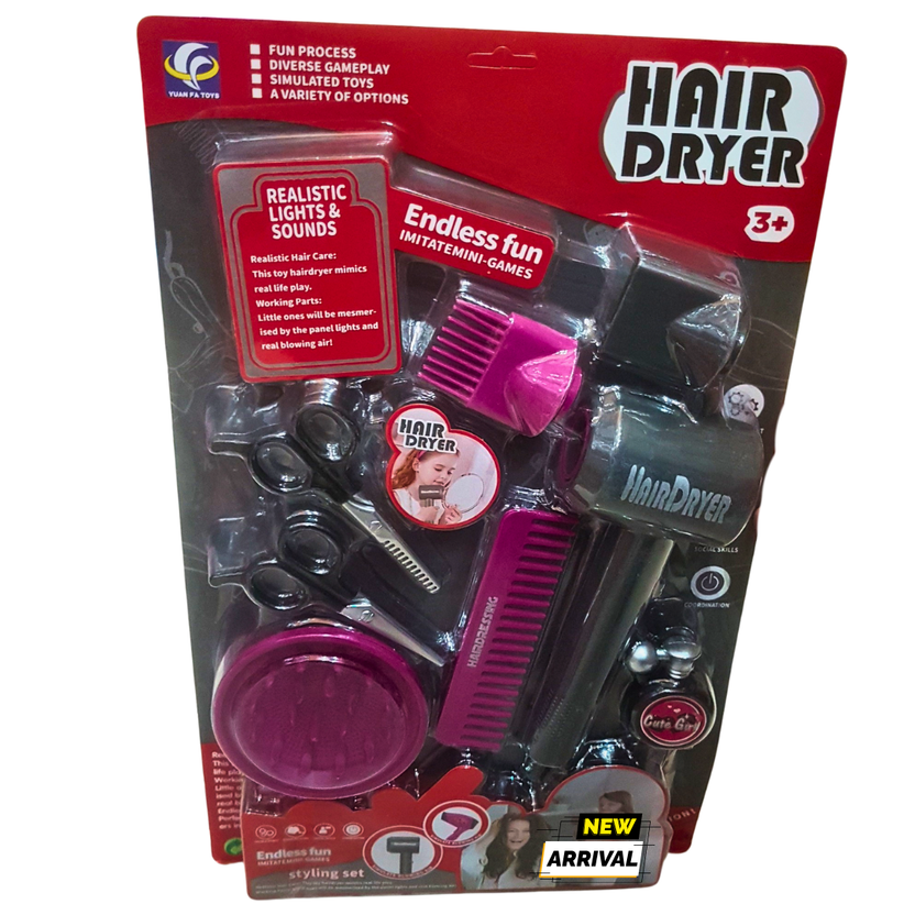 Kids Hair Dryer Styling Playset – Realistic Lights & Sounds Hair Care Toy Set – Pretend Salon Fun for Children (3+ Years) Main image