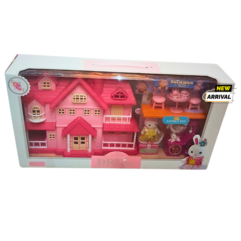 Dreamy Dollhouse Playset for Kids – Pink Dollhouse with Furniture, Figures, and Lovely Pet Accessories – Imaginative Pretend Play (3+ Years) Main image