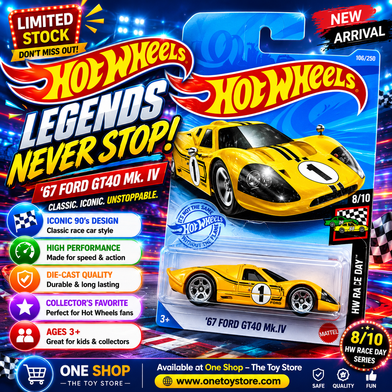 Hot Wheels '67 Ford GT40 Mk.IV Die-Cast Model - HW Race Day Series