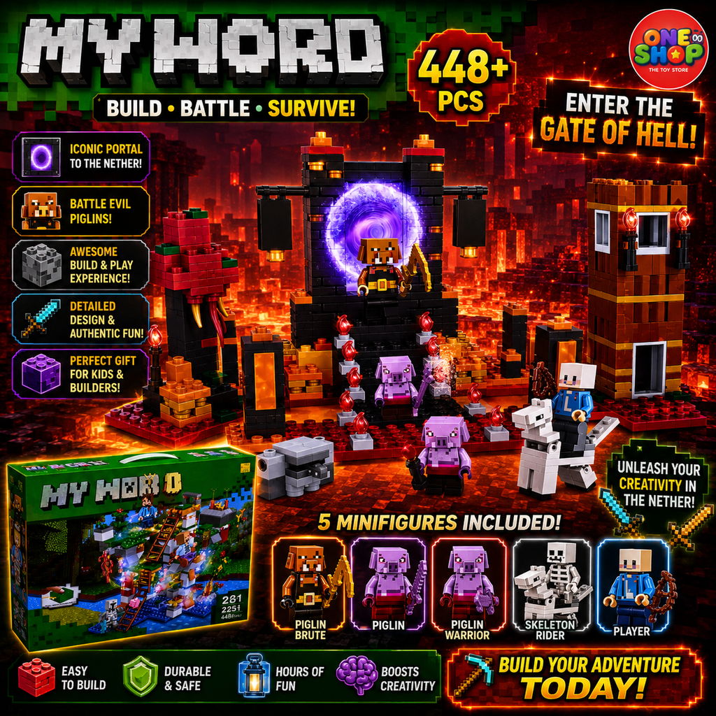 My World Nether Portal Building Blocks Set – 448+ Pieces Adventure Construction Toy with Figures, Creatures & Portal Scene for Kids 6+