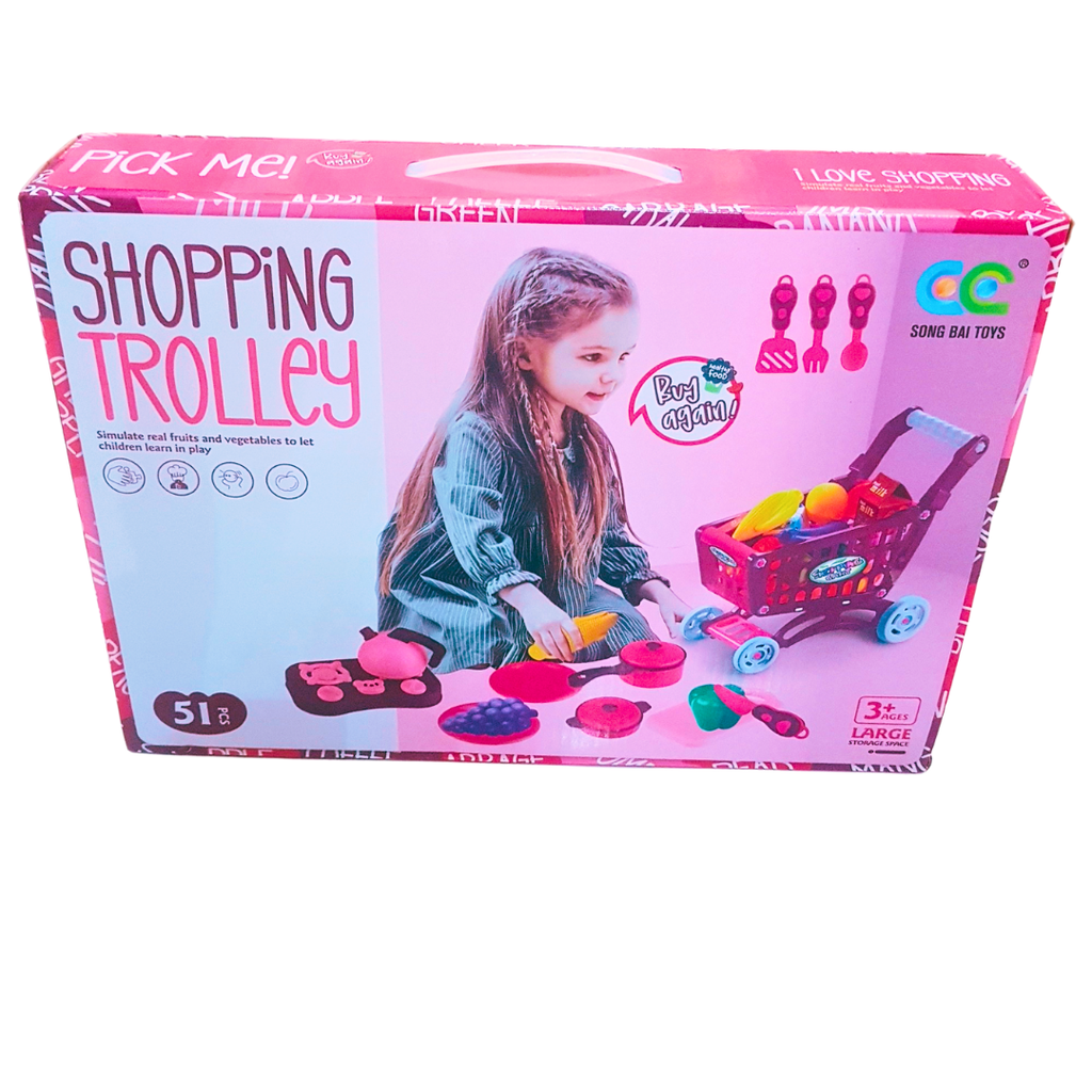 🛒 Large Toy Shopping Trolley with 56/51 Pcs Play Food – Pretend Grocery Cart for Kids | Roleplay Fruits & Vegetables Set (3+ Years)