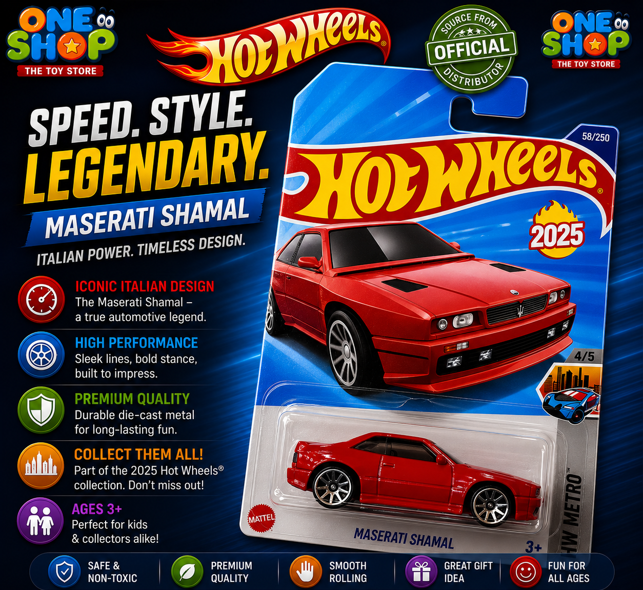 Hot Wheels Maserati Shamal 2025 Die-Cast Car – Red Luxury Sports Car Toy for Kids & Collectors