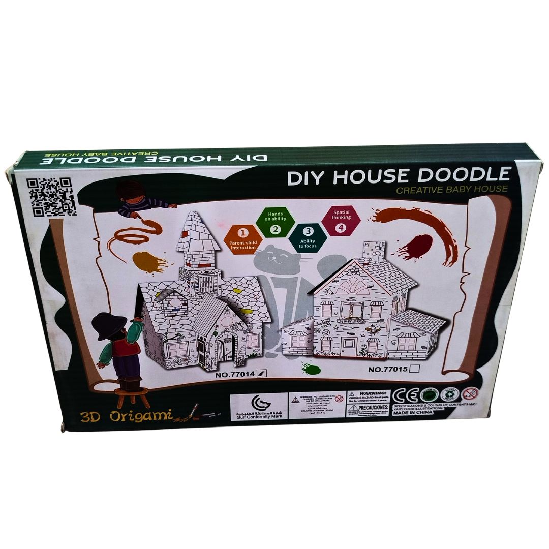 DIY House Doodle 3D Origami Kit – Color & Build Cardboard Playhouse with Paint Brushes for Kids (Ages 3+)