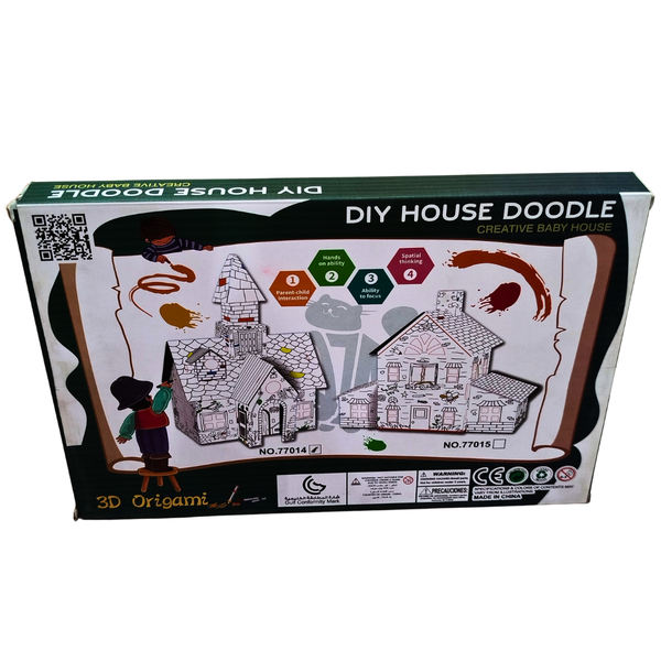 DIY House Doodle 3D Origami Kit – Color & Build Cardboard Playhouse with Paint Brushes for Kids (Ages 3+)