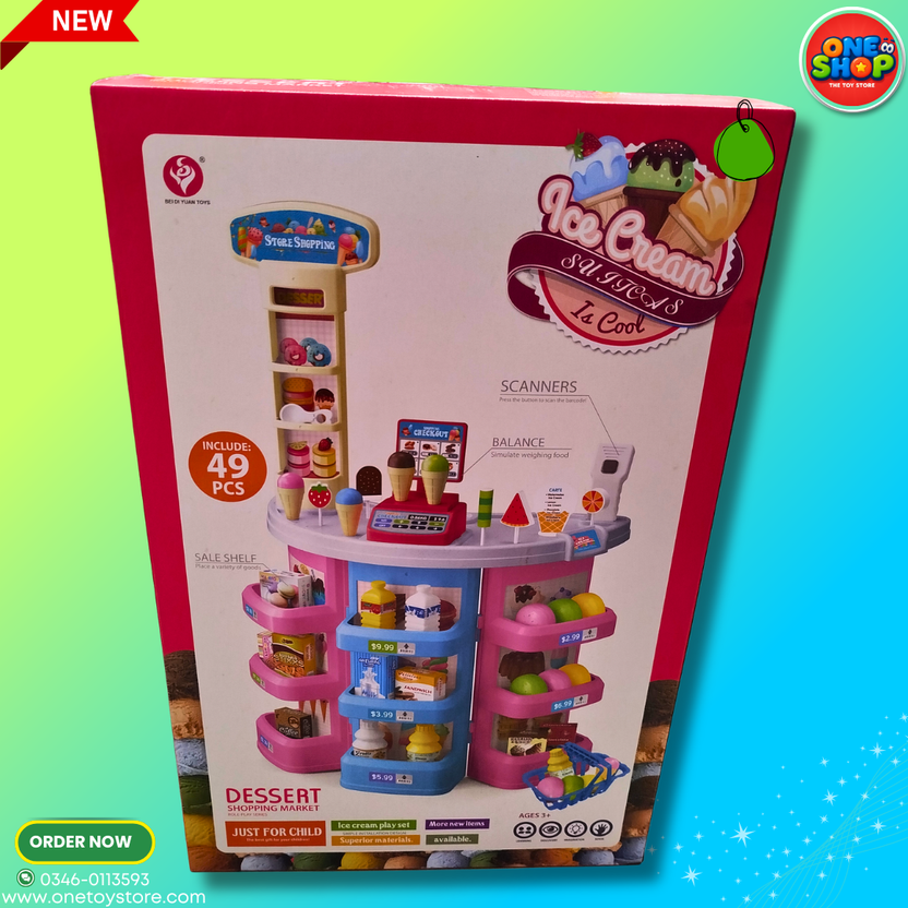 Kids Ice Cream Shop Play Set 49PCS – Dessert Shopping Market with Scanner, Cash Counter & Ice Cream Accessories for Boys & Girls 3+ Years Main image