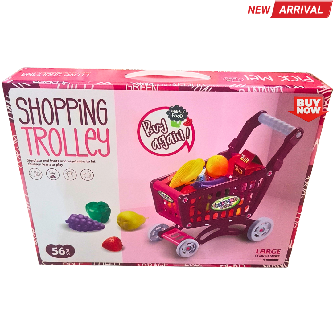 🛒 Shopping Trolley Toy Set for Kids – 56 PCS Fruits, Vegetables & Grocery Items (Age 3+)