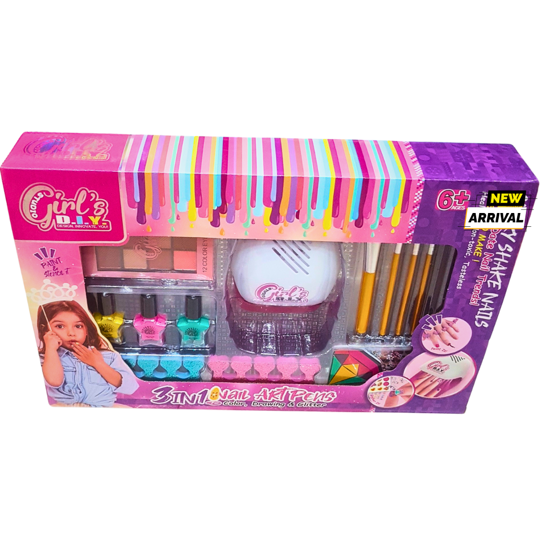 Girl’s DIY 3-in-1 Nail Art Set – Nail Polish, Glitter, and Drawing Pens with Nail Dryer – Creative Beauty Toy for Kids (6+ Years)