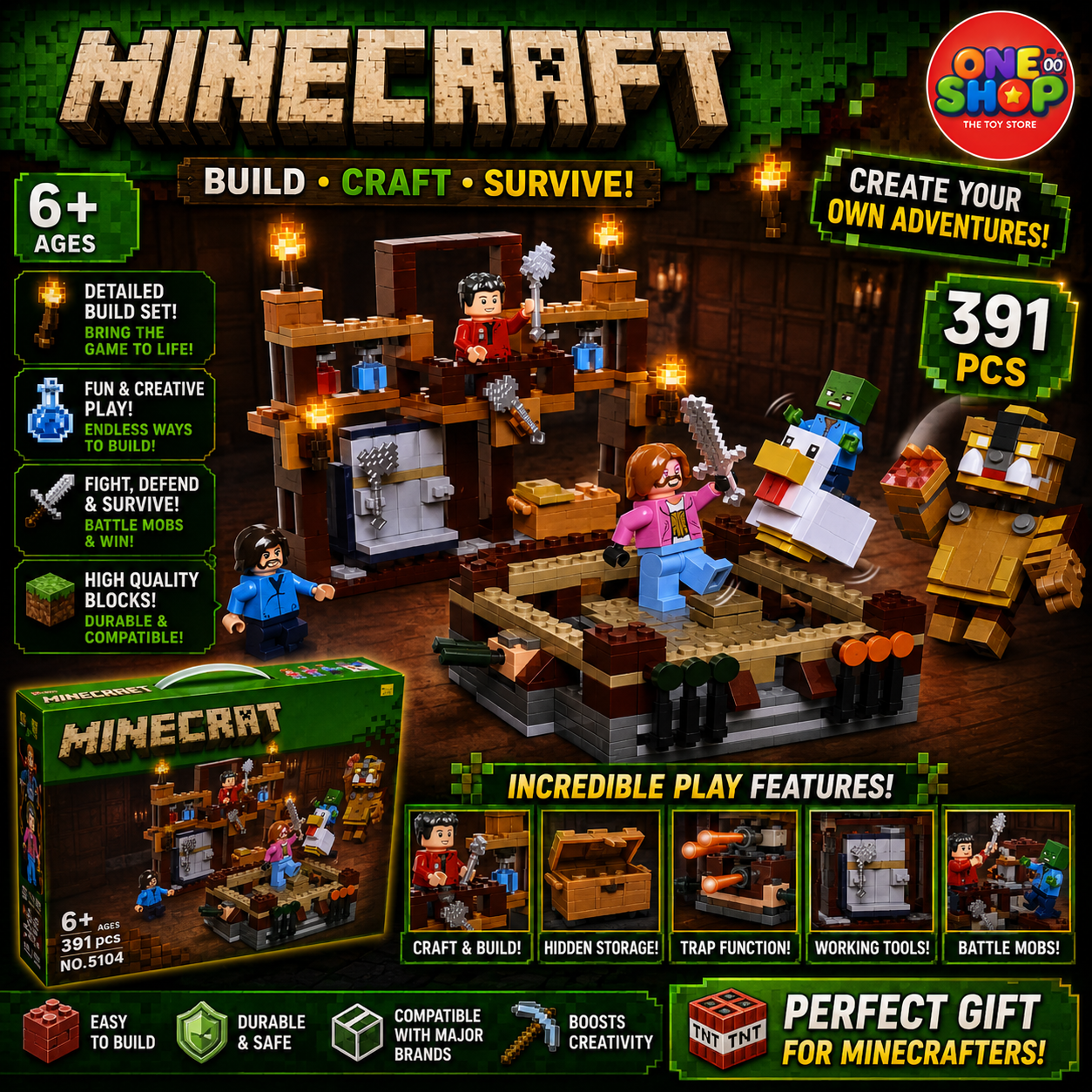 Minecraft-Inspired Village Workshop Building Blocks Set – 391 Pieces Adventure Construction Toy with Figures & Accessories for Kids 6+ | Model 5104
