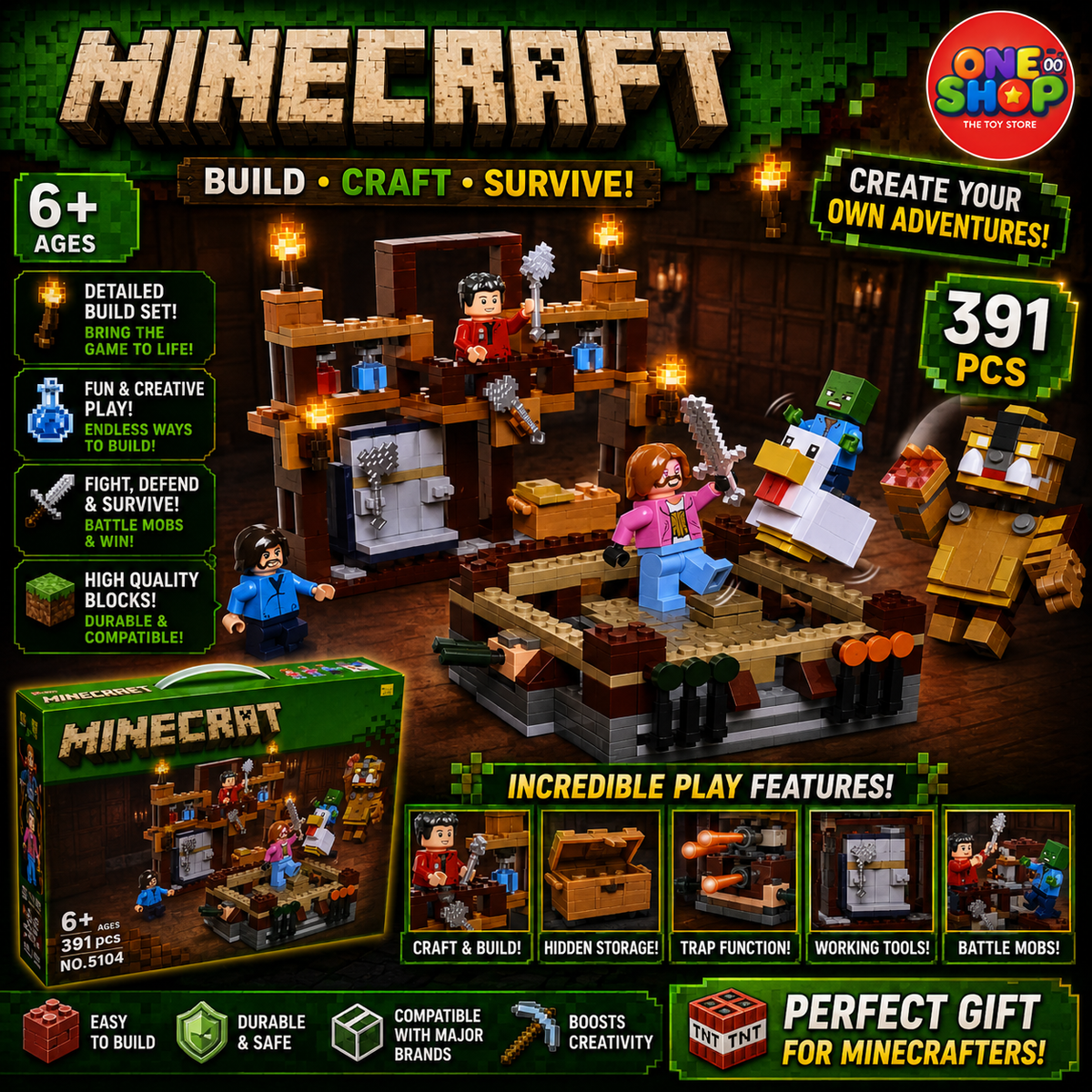 Minecraft-Inspired Village Workshop Building Blocks Set – 391 Pieces Adventure Construction Toy with Figures & Accessories for Kids 6+ | Model 5104