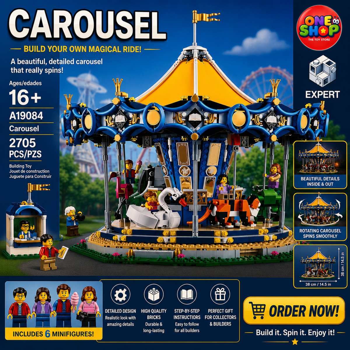 Expert Carousel Building Blocks Set 2705 Pieces – Premium Amusement Park Merry-Go-Round Construction Model for Adults | Collectible Display Building Set | STEM Toy 16+