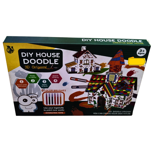 DIY House Doodle 3D Origami Kit – Color & Build Cardboard Playhouse with Paint Brushes for Kids (Ages 3+)