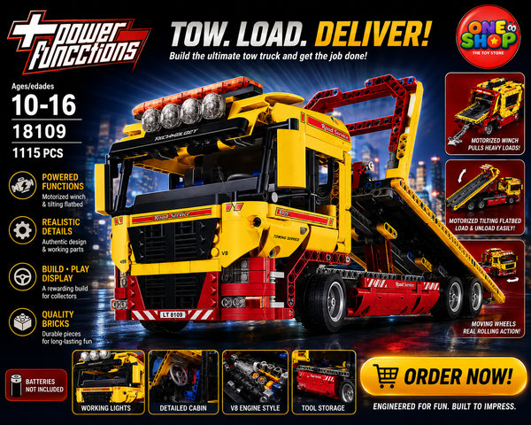 Power Functions Tow Truck Building Blocks Set 1115 Pieces – Motorized Recovery Truck Construction Toy for Kids | Engineering Vehicle Building Set | STEM Educational Toy 10-16 Years