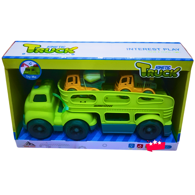Kinetic Transport Truck Carrier Toy – Includes 3 Mini Construction Vehicles | Lights & Music | Vehicle Toy for Boys (Ages 3+) Main image
