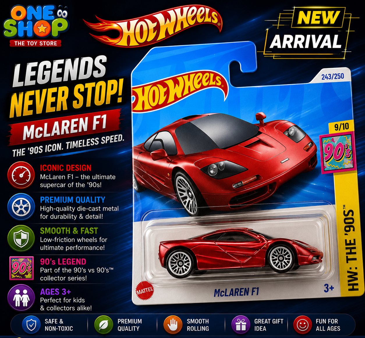 Hot Wheels McLaren F1 – HW The '90s Series – Red Die-Cast Sports Car Model for Kids and Collectors (3+ Years)