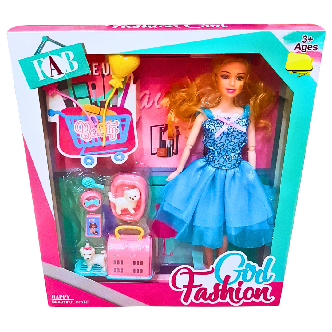 Fashion Girl Doll Playset with Accessories – Stylish Dress, Pet Care Items & Shopping Fun for Kids 3+ Main image
