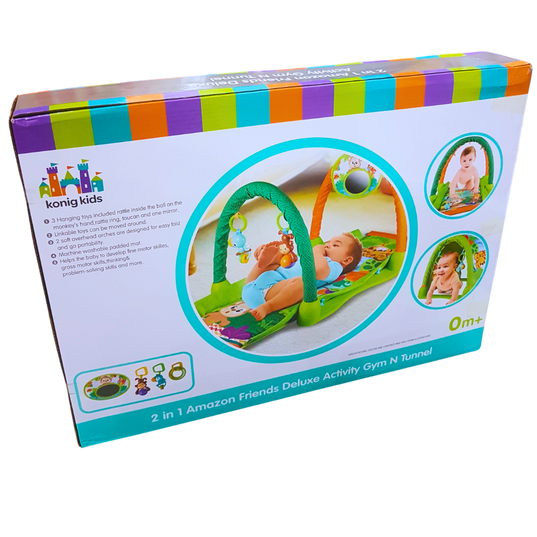 Konig Kids 2-in-1 Amazon Friends Deluxe Activity Gym N Tunnel - Infant Play Mat with Hanging Toys Secondary image