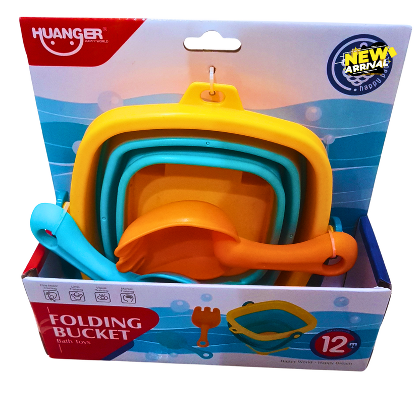 Huanger Folding Bucket Bath Toy Set – 4-Piece Water Play Tools for Toddlers 12+ Months | Collapsible Sand & Bath Toy Kit Main image