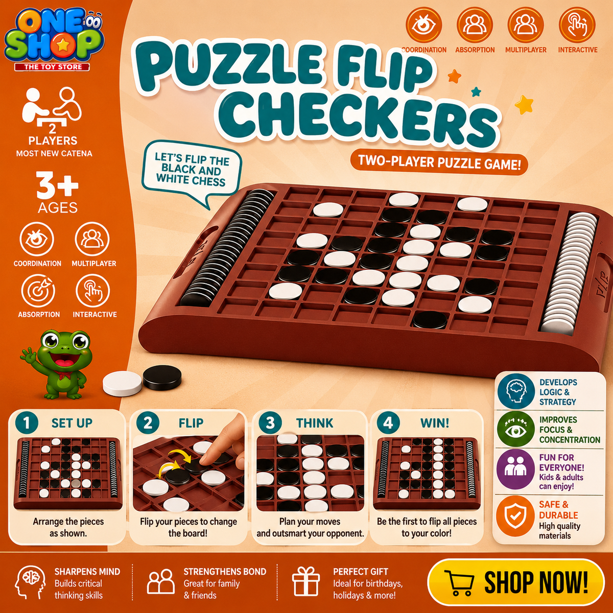 Puzzle Flip Checkers Board Game for Kids – 2 Player Strategy Puzzle Game with Reversible Black & White Checkers | Educational Family Board Game Age 3+