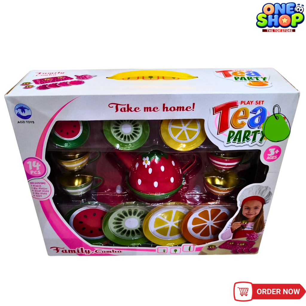 Kids Tea Party Play Set – 14 Pieces Pretend Tea Set with Strawberry Teapot, Cups & Fruit Plates | Educational Role Play Toy for Girls (3+ Years)
