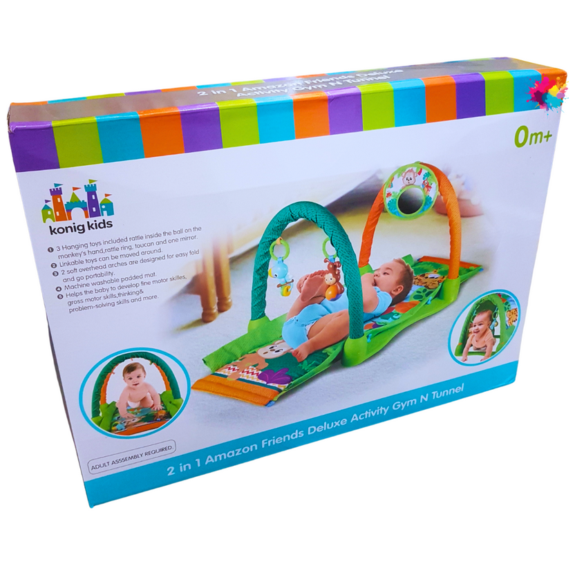 Konig Kids 2-in-1 Amazon Friends Deluxe Activity Gym N Tunnel - Infant Play Mat with Hanging Toys Main image