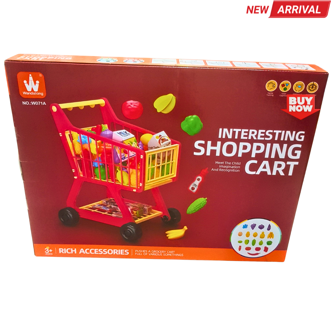 🛒 Colorful Kids Shopping Cart Toy – 3D Grocery Trolley with Fruits, Vegetables & Boxes (Age 3+)