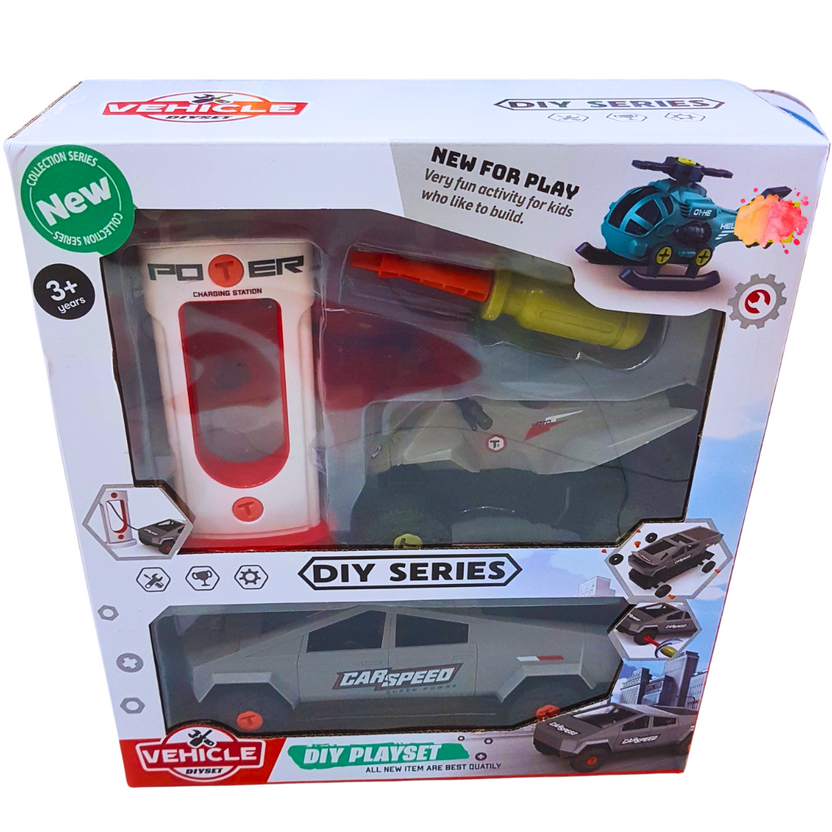 DIY Vehicle Playset - Build and Play Construction Series with Car, Helicopter, and Charging Station for Kids Aged 3+ Main image